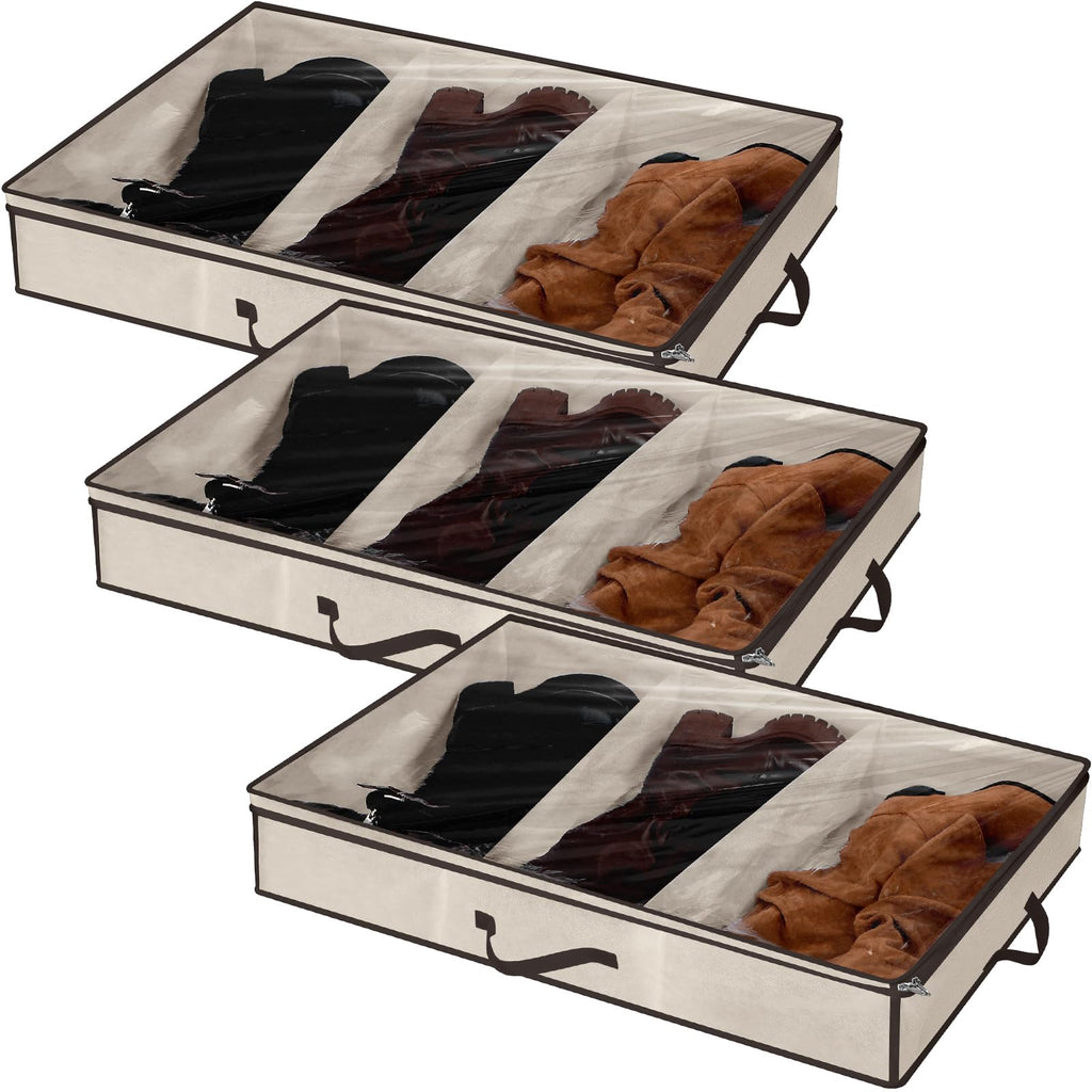 SATINIOR 3 Pcs 3 Section Under Bed Shoe Storage Boot Bag Grey and Black Underbed Shoe Organizer with Large Clear Pockets Fabric for Storage Men's and Woman's Boots
