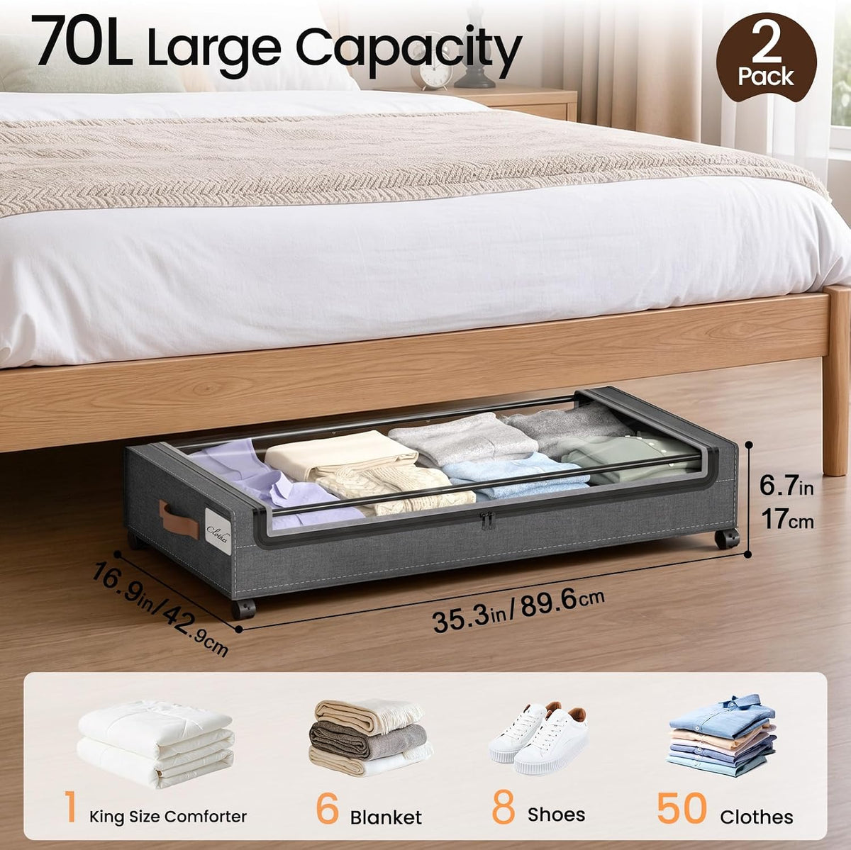 Yecaye 70L Large Under Bed Storage Containers with Wheels, 2Pack, Hemp Grey