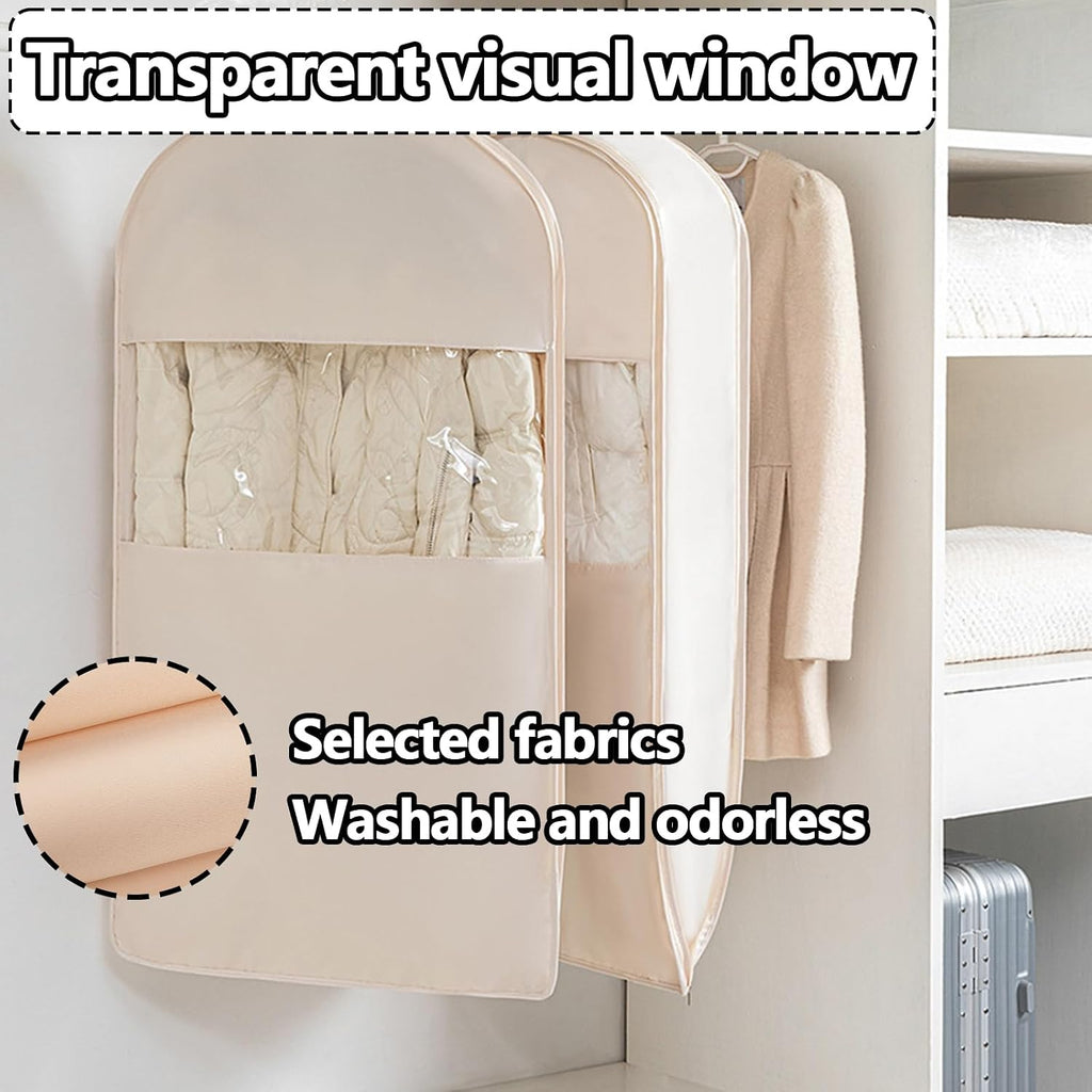 Space Saving Hanging Garment Bag with Self Compression Zipper，Dust Cover Clothes Bags for Down Coat,Dress,Suit，Closet Storage Organizer for Home Travel Use (Beige, M+L+XL)
