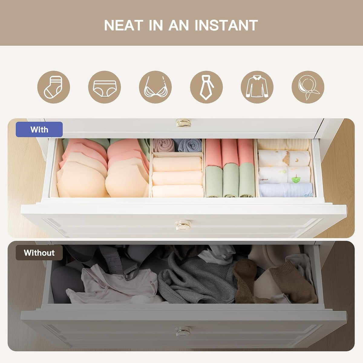 Criusia Drawer Organizer Clothes, 10 Pack Dresser Organizer for Baby Clothes, Underwear, Sock- Foldable Closet Organization and Storage Dividers Bins for Nursery, Bedroom (Beige)