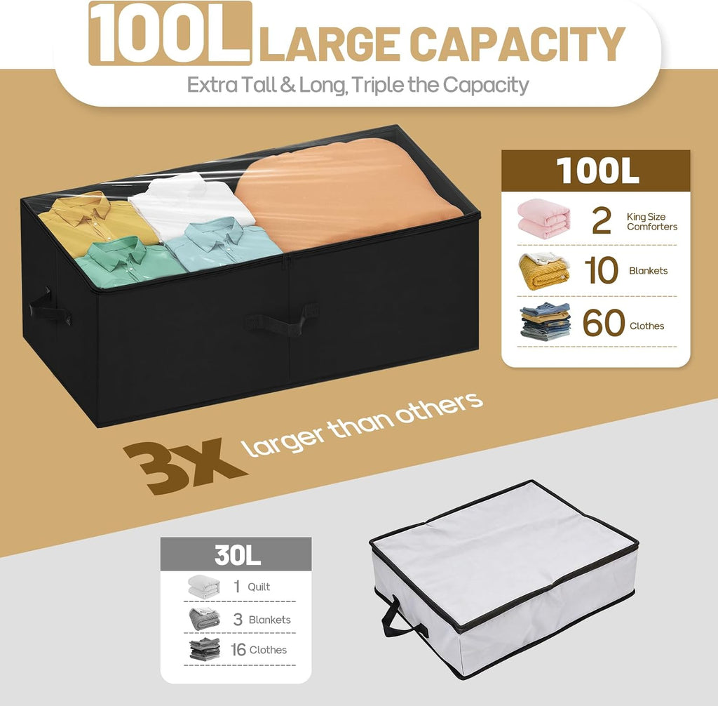 Large Under Bed Storage Containers, 12" Height, 31" Long, 2 Pack, Black