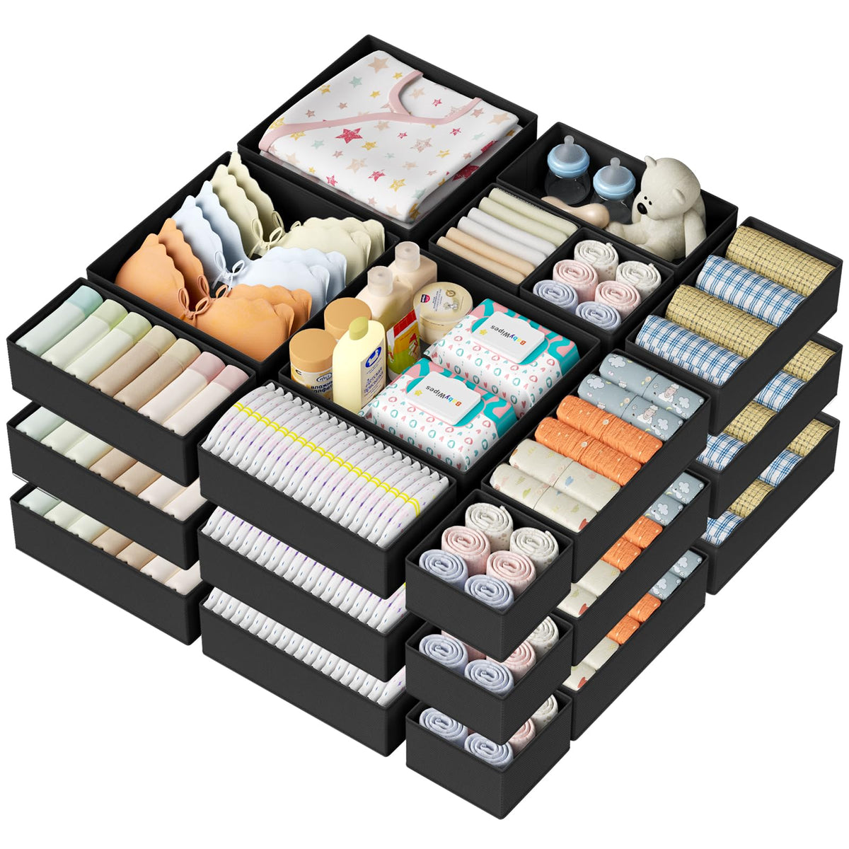 DIMJ Drawer Organizer Clothes - 20 Pack Closet Drawer Organizer Bins for Baby Clothes Storage, Fabric Dresser Organizer for Nursery Bedroom, Foldable Small Drawer Dividers for Underwear Socks