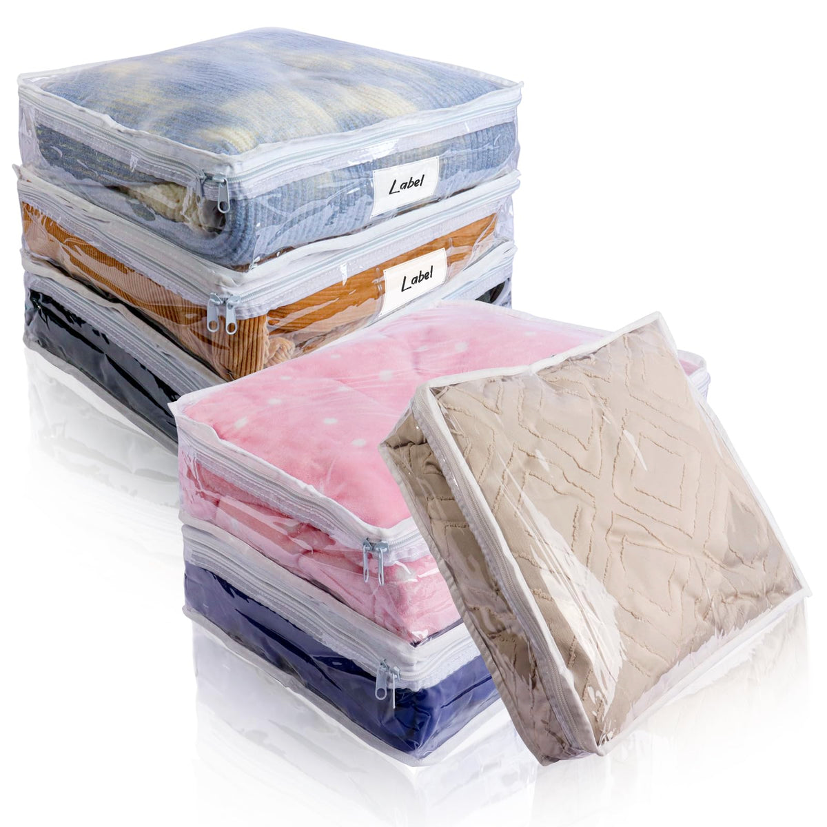 Clear Zippered Plastic Clothes Storage Bags, 6 Pack, White