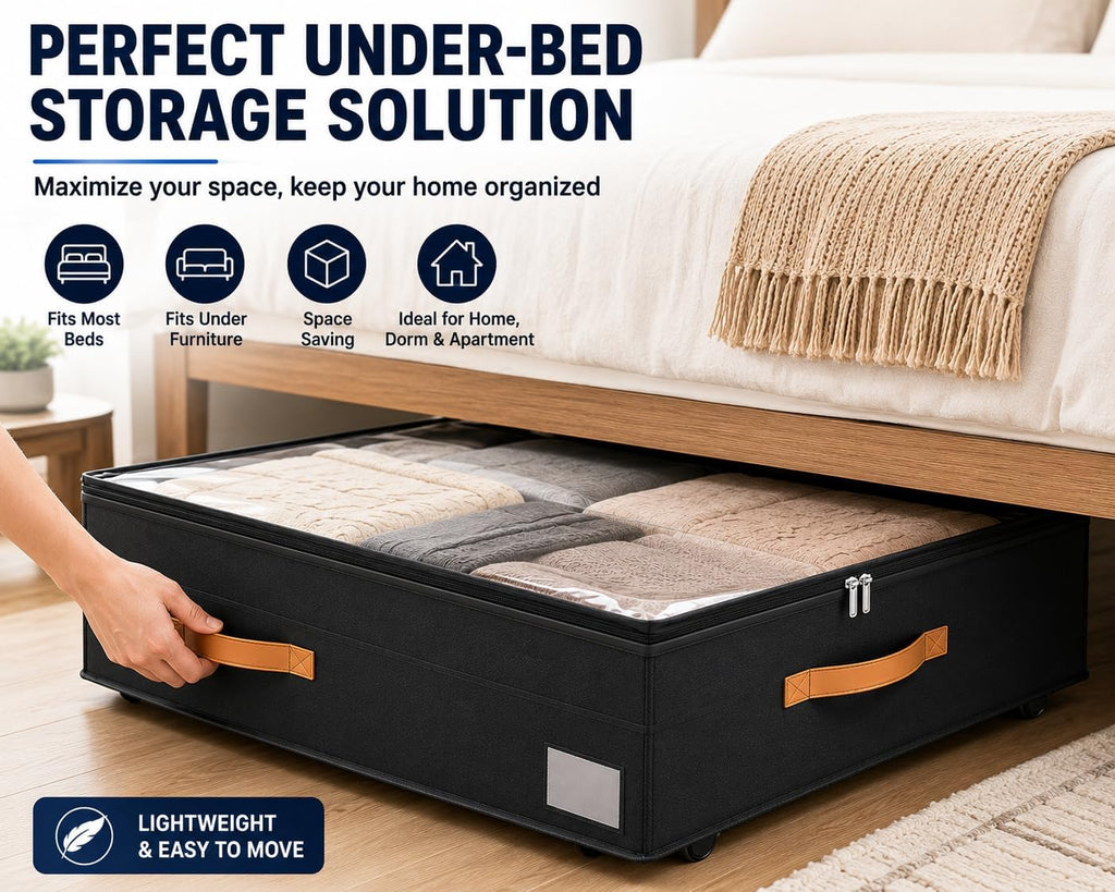 90L XXL Under Bed Storage Bins with Wheels, 1-Pack, Clear Lids, Black