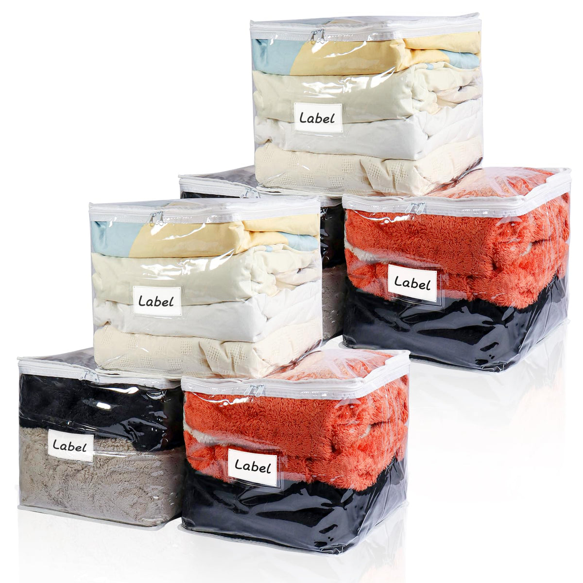 Clear Zippered Plastic Clothes Storage Bags, 6 Pack, White