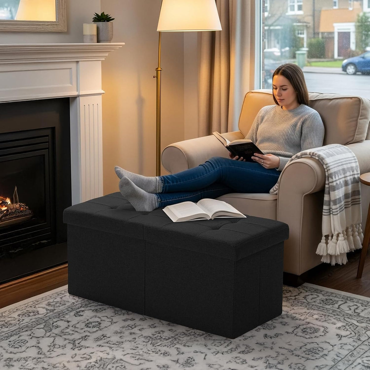 30-INCH Ottoman with Storage, Footrest Storage Bench, End of Bed Bench Coffee Table for Living Room, Bedroom, Entryway (Black)