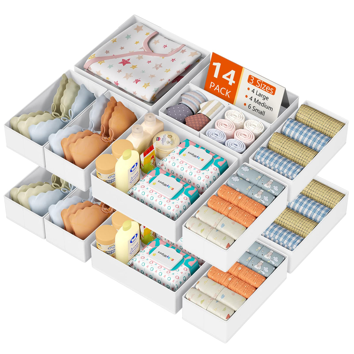 DIMJ Drawer Organizer Clothes, 12 Pack Dresser Organizer for Nursery, Baby Clothes, Underwears, Sock, Fabric Dresser Bins, Drawer Dividers, Foldable Closet Organizers and Storage(Beige)