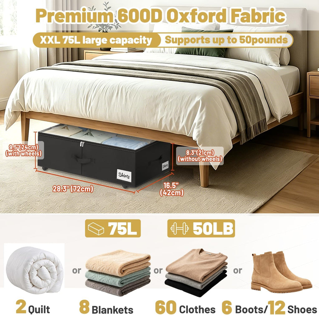 Under Bed Storage with Wheels, 2 Pack Underbed Storage Containers with Clear Lid & Label, XXL 75L Easy Assembly Rolling Under Bed Shoe Storage for Clothes, Shoes, Blankets, Black(28.3 X 16.5 X 9.5 in)