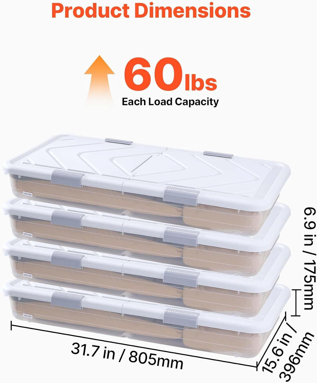 VEVOR Under Bed Storage with Wheels, 31.7 x 15.6 x 6.9 inch Underbed Containers, Underbed Shoes Organizer with Lid & Gray Latch, Rolling Under the Bed Storage Bins for Clothes Shoes Blankets, 4 Pack