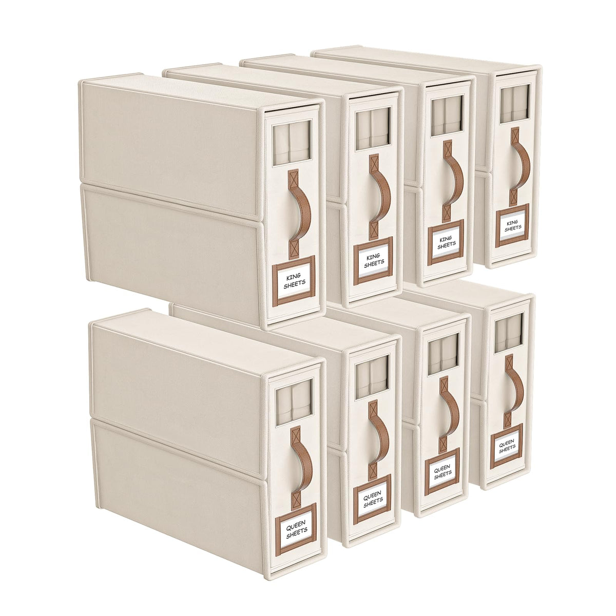 4 Pack Foldable Bed Sheets Set Organizers and Storage(King & Queen Size),Linen Fabric Closet Organizers with Window,Folding Bedding Storage Box for Bedsheets and Pillow Cube Organizer-Beige