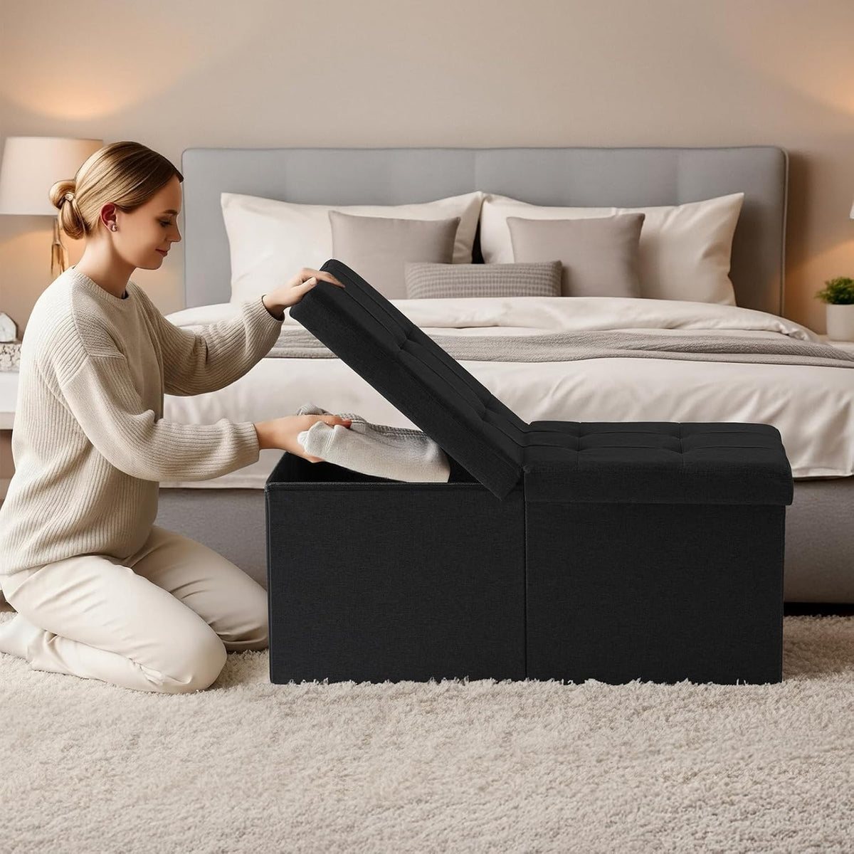30-INCH Ottoman with Storage, Footrest Storage Bench, End of Bed Bench Coffee Table for Living Room, Bedroom, Entryway (Black)