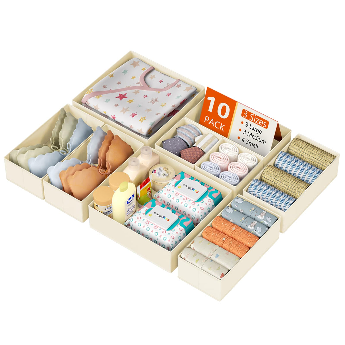 DIMJ Drawer Organizer Clothes, 12 Pack Dresser Organizer for Nursery, Baby Clothes, Underwears, Sock, Fabric Dresser Bins, Drawer Dividers, Foldable Closet Organizers and Storage(Beige)