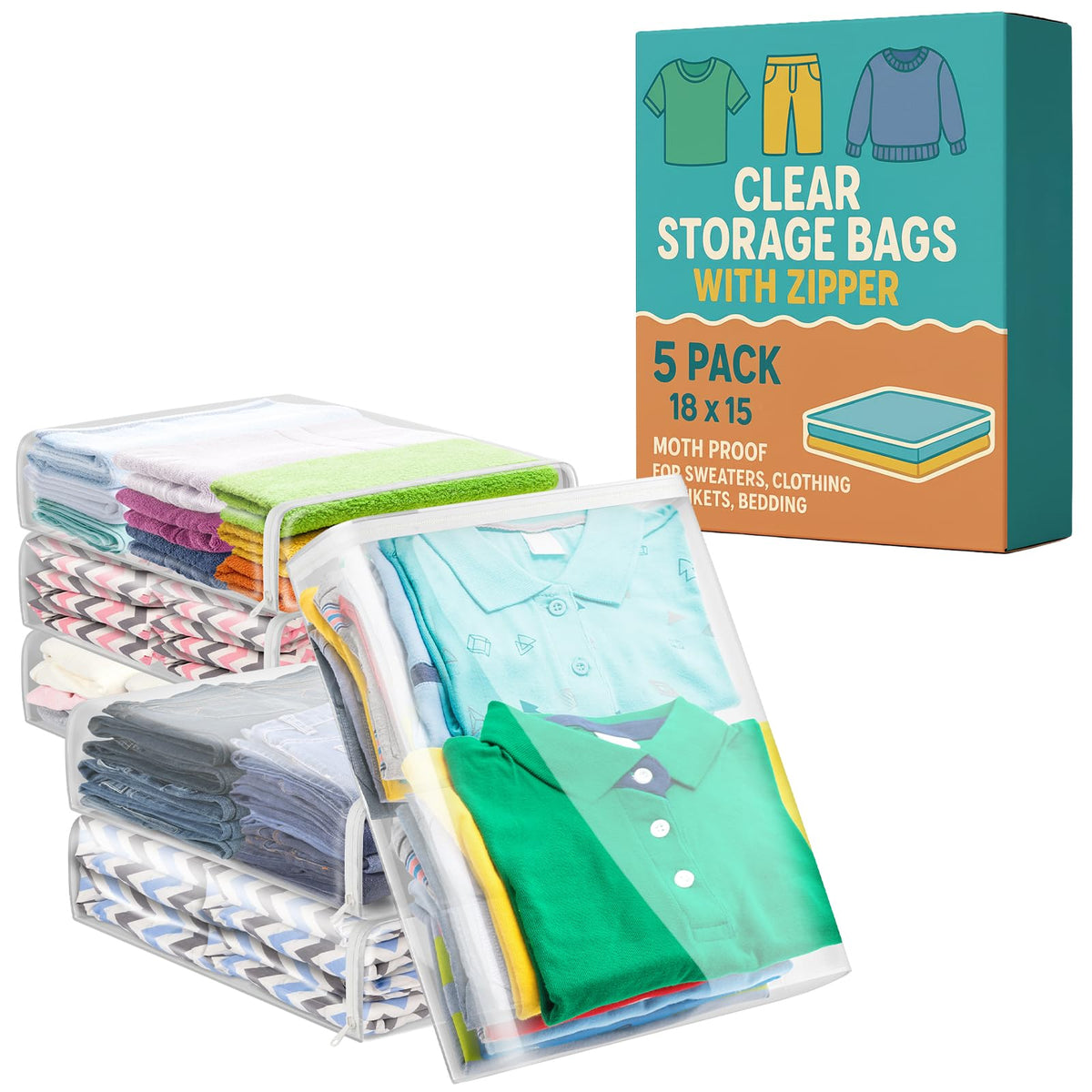 Sweater Storage Bags, Clear Zippered Vinyl Organizer, 18 x 15 x 4 IN, 5 PK