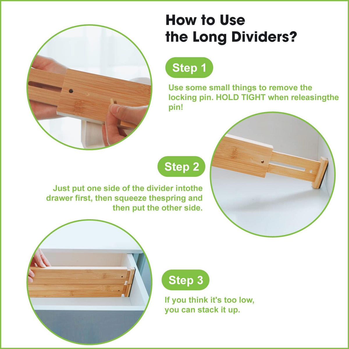 ANTOWIN Bamboo Drawer Dividers Organizers, Drawer Separators Splitter,13-17 inches Long Adjustable Spring-loaded Organizer for Large Utensil, Clothes, Tools Drawers (4+3)