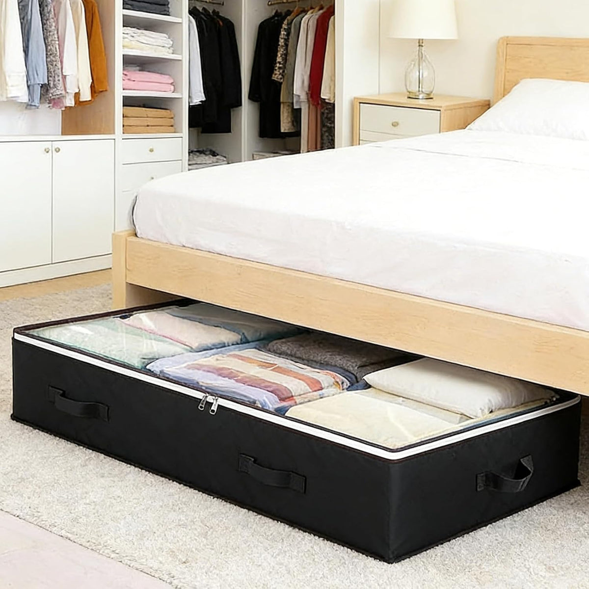 Under Bed Storage Box with Zipper Closure and Handles Low Profile for Bedroom, Living Room, Closet, Dorm & Storage Room, Black