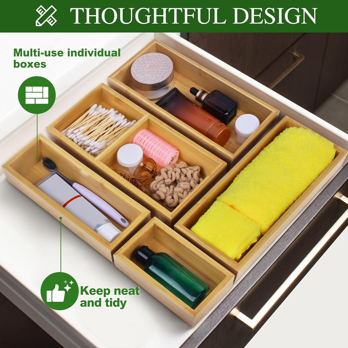 MapleGrace Bamboo Drawer Organizer Set, Individual Wood Storage Organizers