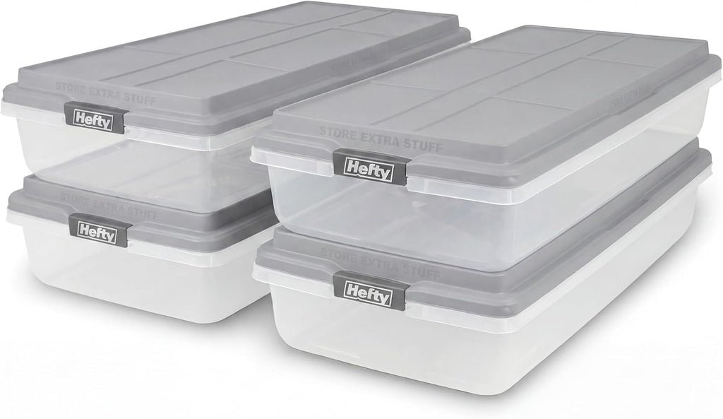 Hefty 63 Qt Hi-Rise Storage Bin with Lid, Stackable Plastic Storage Container, Organizer for Home, Garage & Closet, 4 Pack, Gray