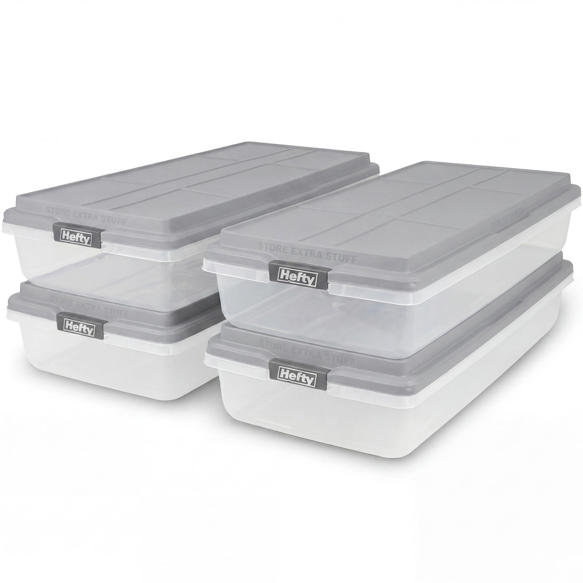 Hefty 63 Qt Hi-Rise Storage Bin with Lid, Stackable Plastic Storage Container, Organizer for Home, Garage & Closet, 4 Pack, Gray