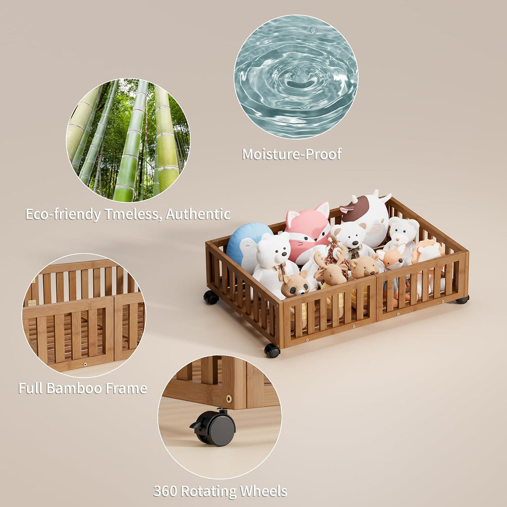 Under Bed Storage with Wheels, 2 Pcs Bamboo Drawers for Clothes and Toy