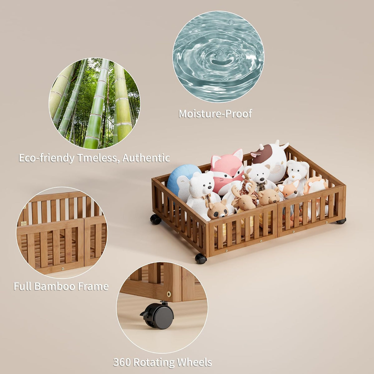Under Bed Storage with Wheels, 2 Pcs Bamboo Drawers for Clothes and Toy