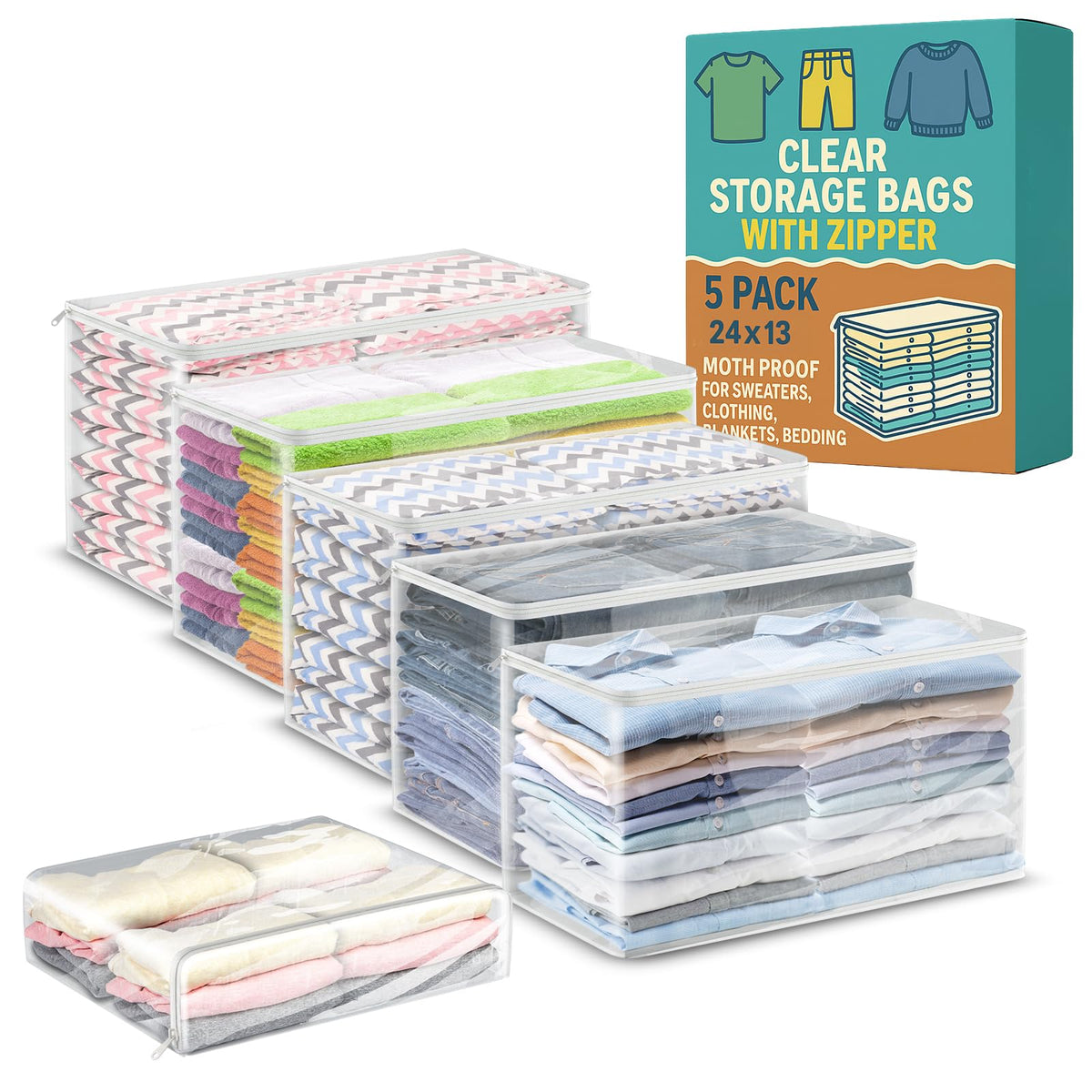 Sweater Storage Bags, Clear Zippered Vinyl Organizer, 18 x 15 x 4 IN, 5 PK