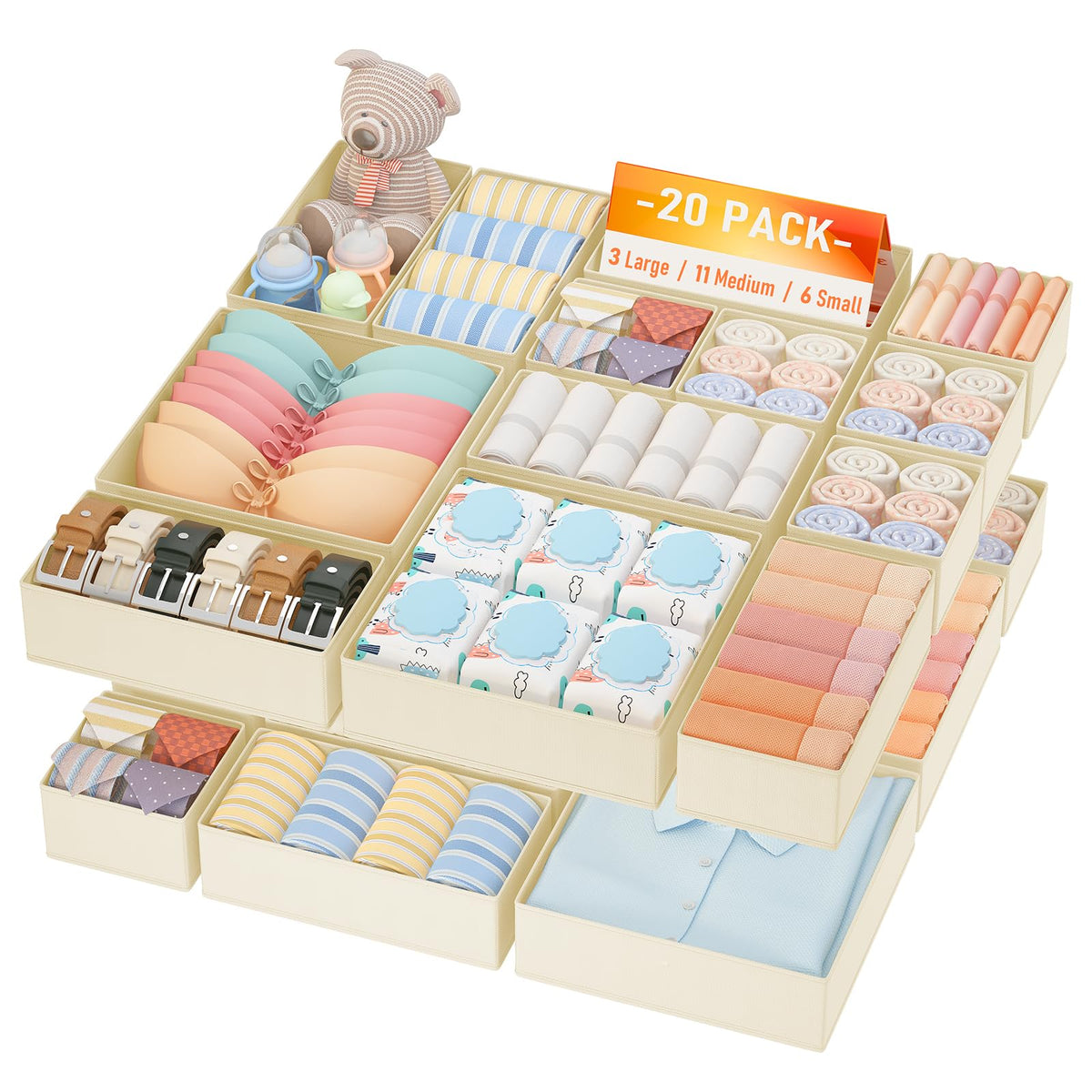 DIMJ Drawer Organizer Clothes, 12 Pack Dresser Organizer for Nursery, Baby Clothes, Underwears, Sock, Fabric Dresser Bins, Drawer Dividers, Foldable Closet Organizers and Storage(Beige)