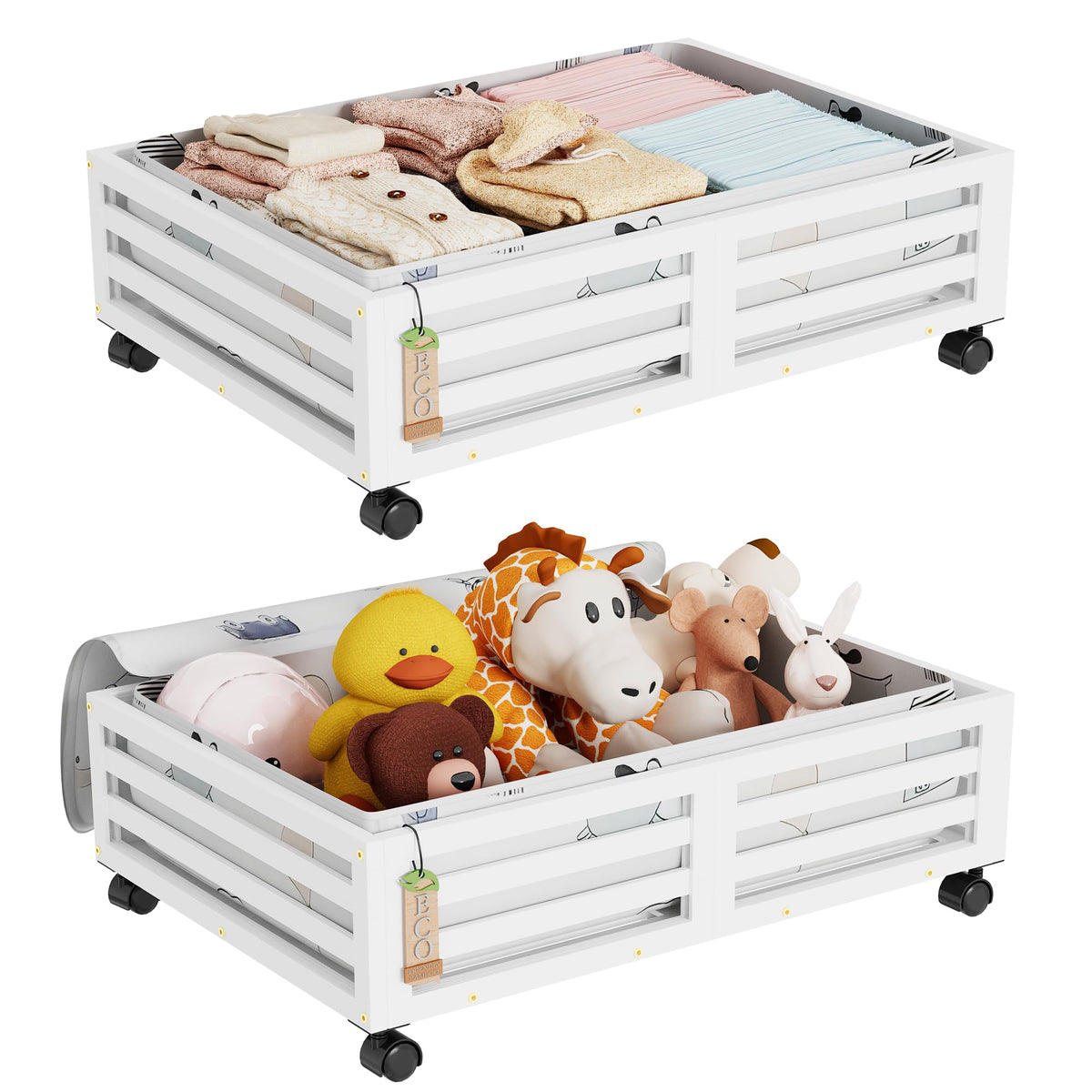 Under Bed Storage with Wheels-Large Bamboo Underbed storage Containers with Large Dust Bag Stackable Under the Bed Shoe Storage Bins for Clothes Books Bedding (2 Packs White, 23.62"L×16.54"W× 6.51"H)