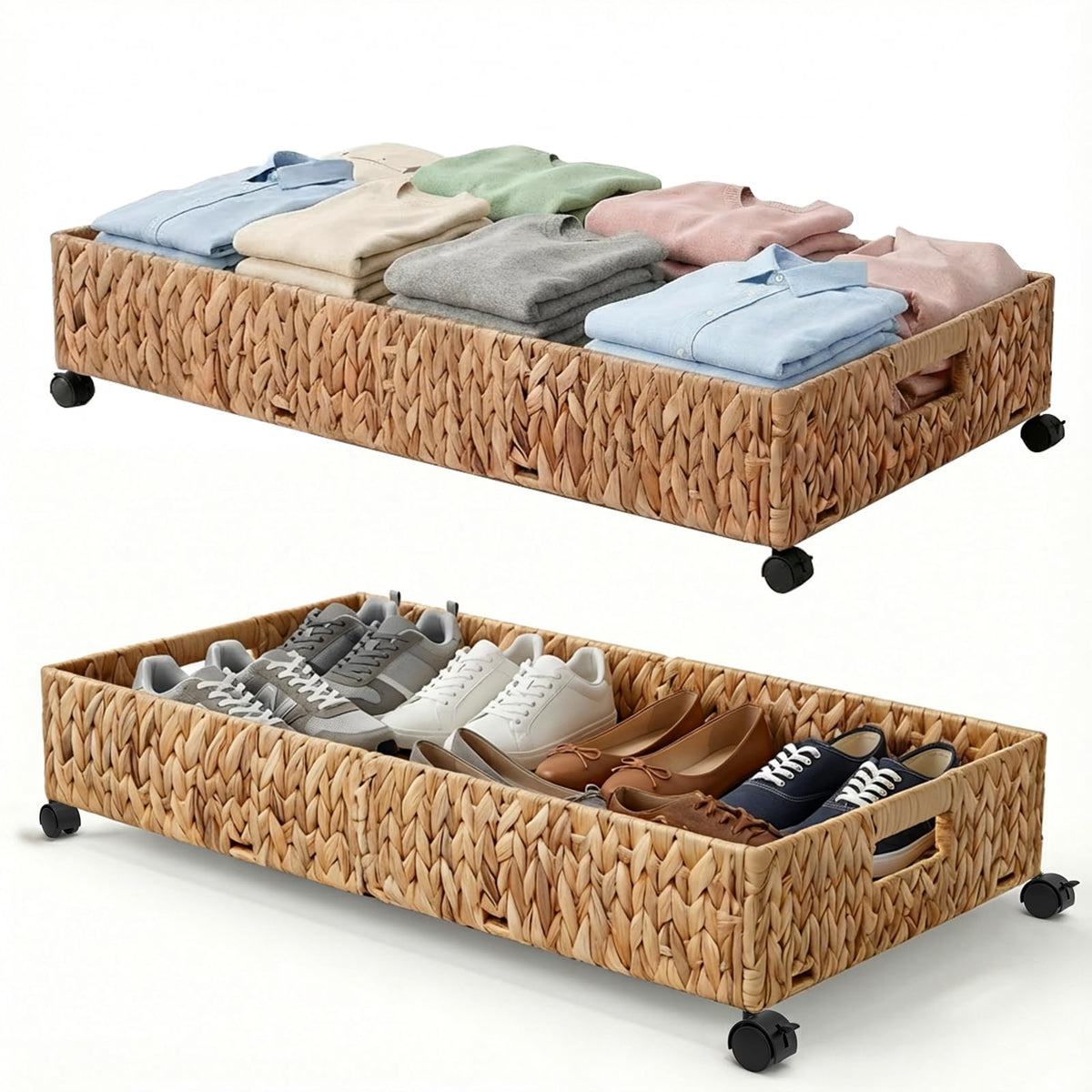 Under Bed Storage with Wheels, 31.5in / 37L Large Handwoven Water Hyacinth Under Bed Shoe Storage Organizer Drawer, Tool-free Assembly Rolling Storage Containers