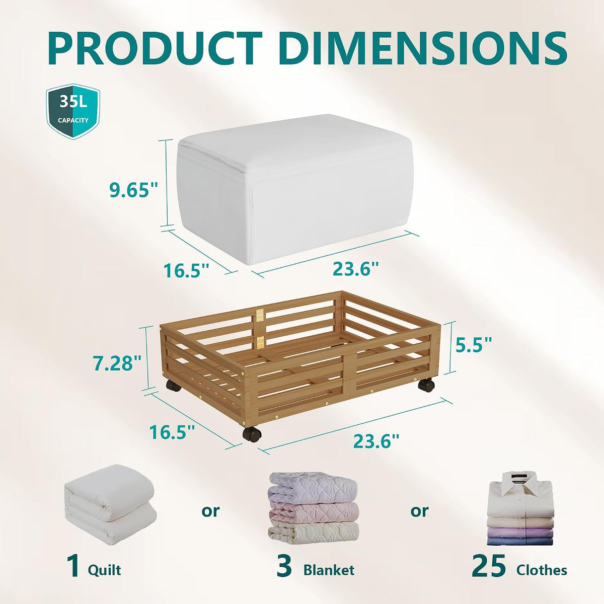 Bamboo Under Bed Storage with Wheels Rolling Underbed Drawer with Lids