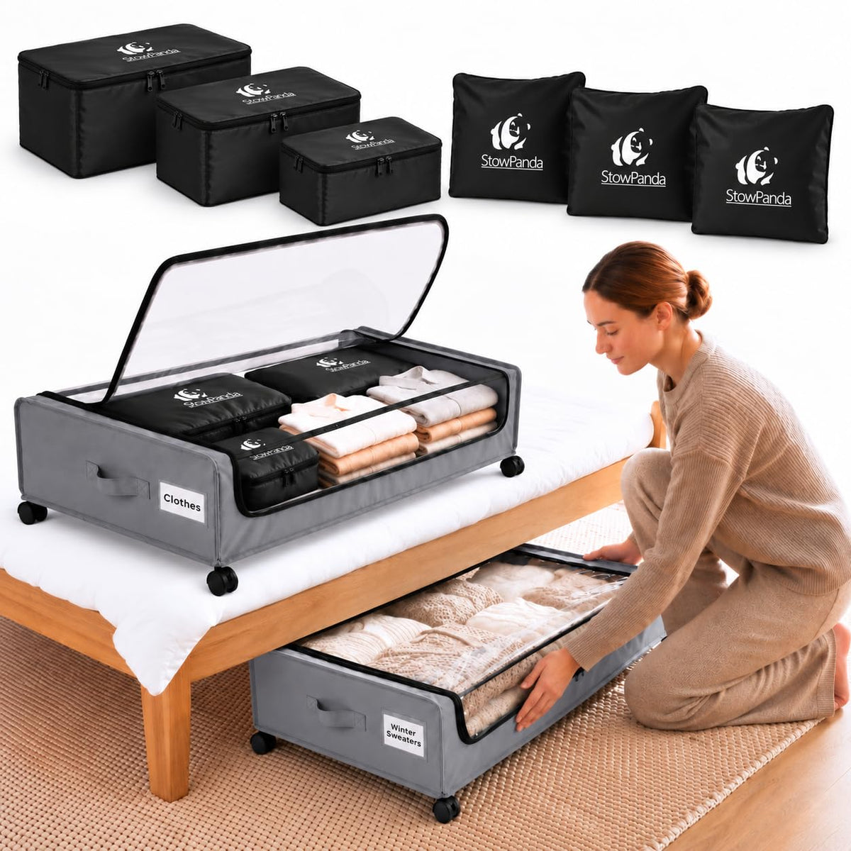 60L Under Bed Storage with Wheels 2-Pack, 6 Travel Bags Set, Dark Gray