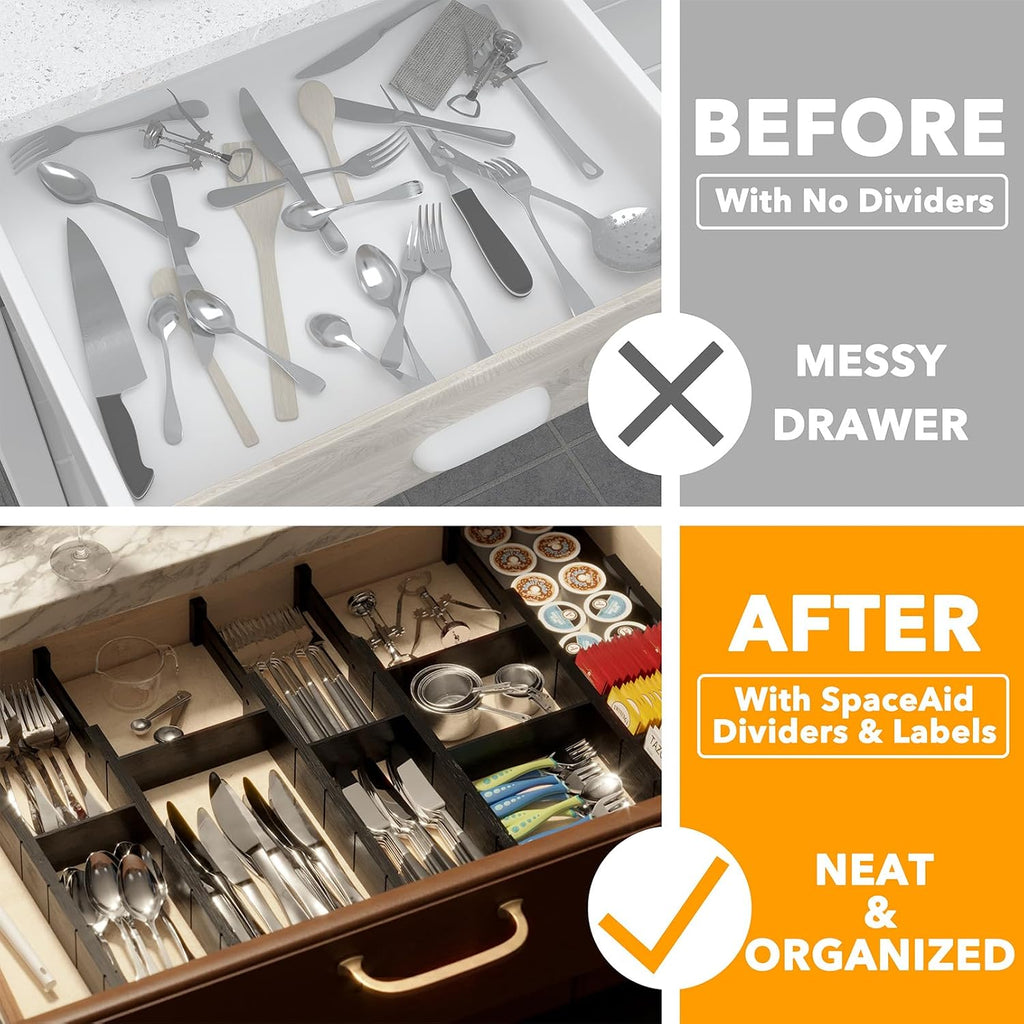 SpaceAid Bamboo Drawer Dividers with Inserts and Labels, Kitchen Adjustable Drawer Organizers, Expandable Organization for Home, Office, Dressers, 7 Dividers with 15 Inserts (17"-22" Black)