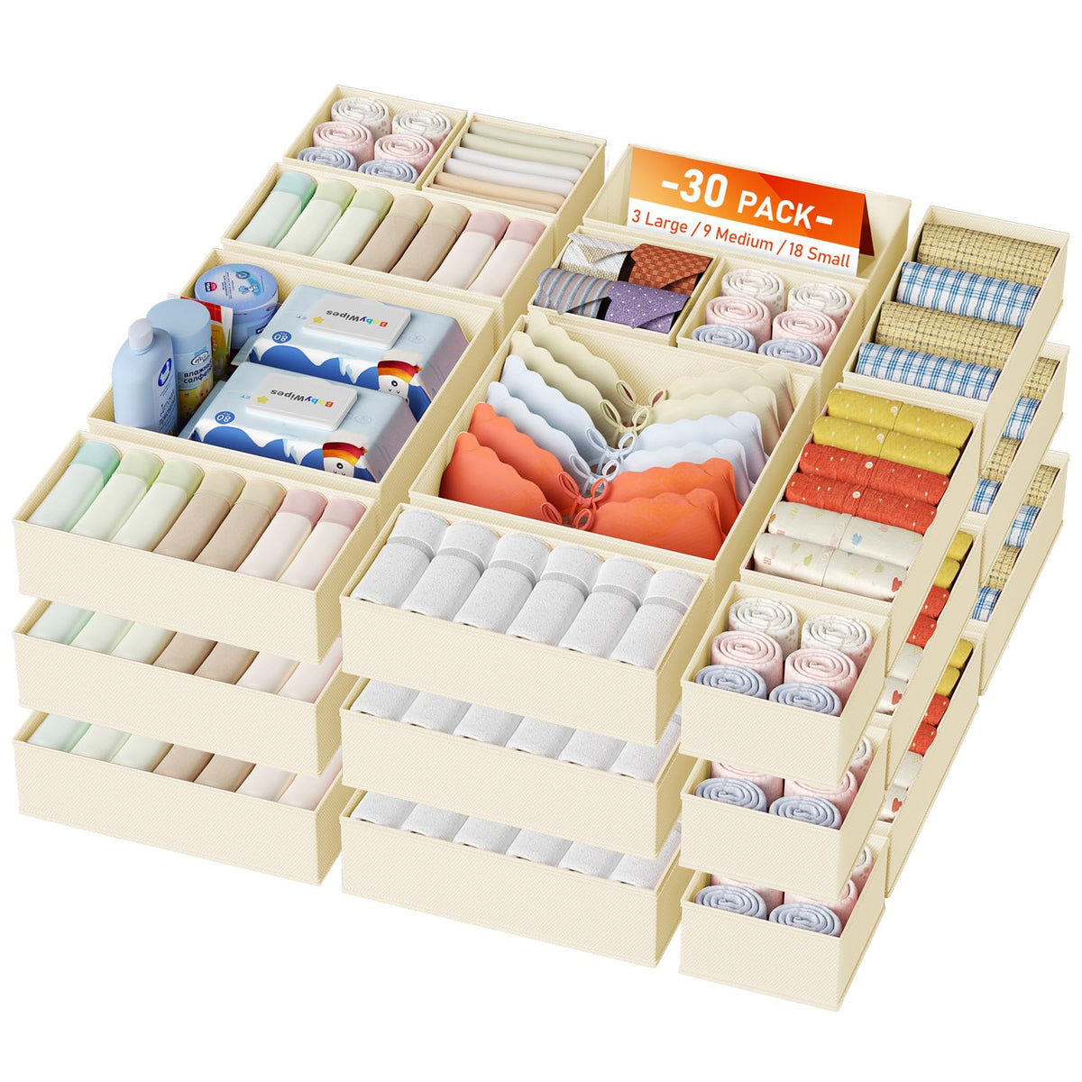 DIMJ Drawer Organizer Clothes, 12 Pack Dresser Organizer for Nursery, Baby Clothes, Underwears, Sock, Fabric Dresser Bins, Drawer Dividers, Foldable Closet Organizers and Storage(Beige)