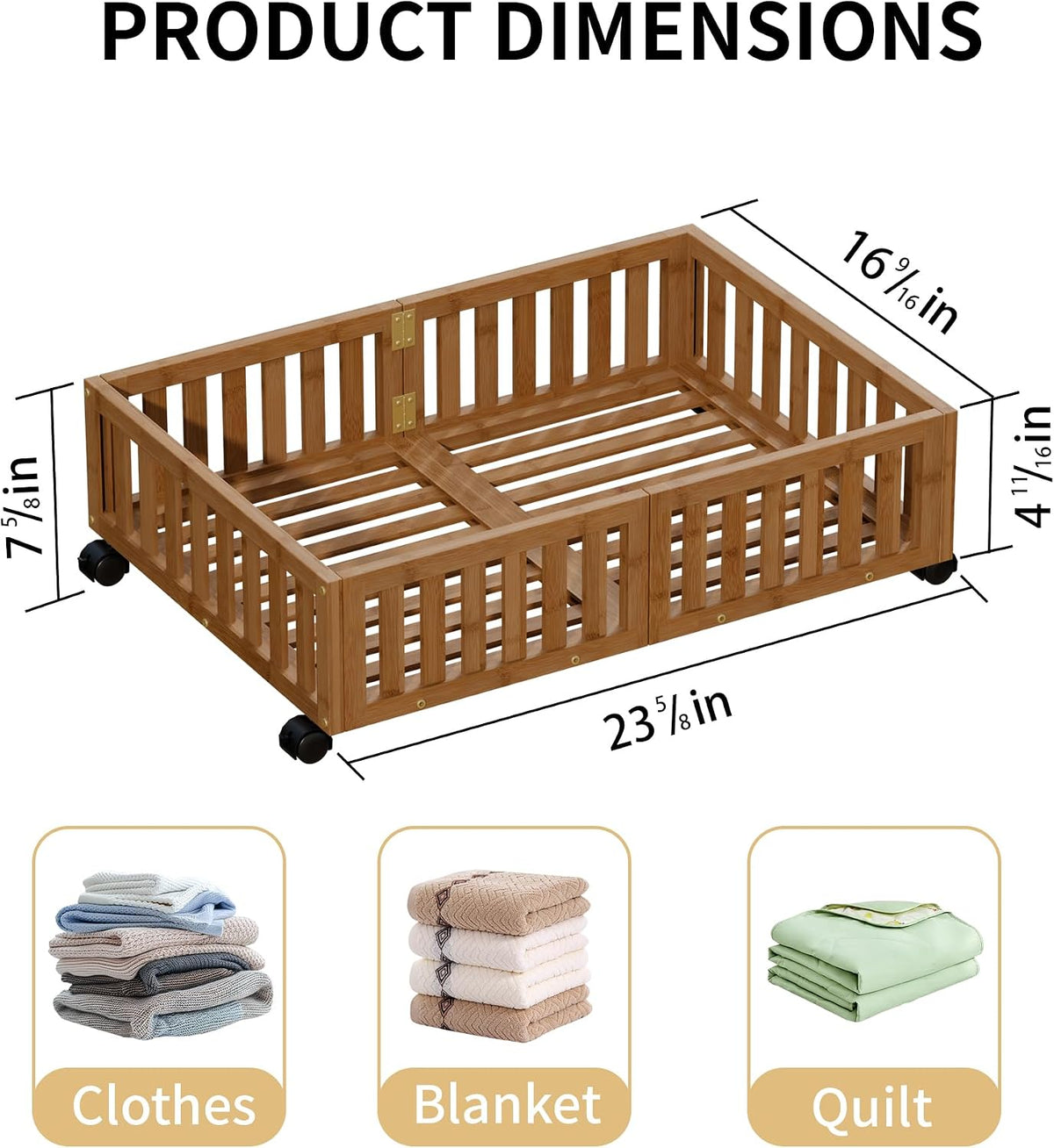 Under Bed Storage with Wheels, 2 Pcs Bamboo Drawers for Clothes and Toy
