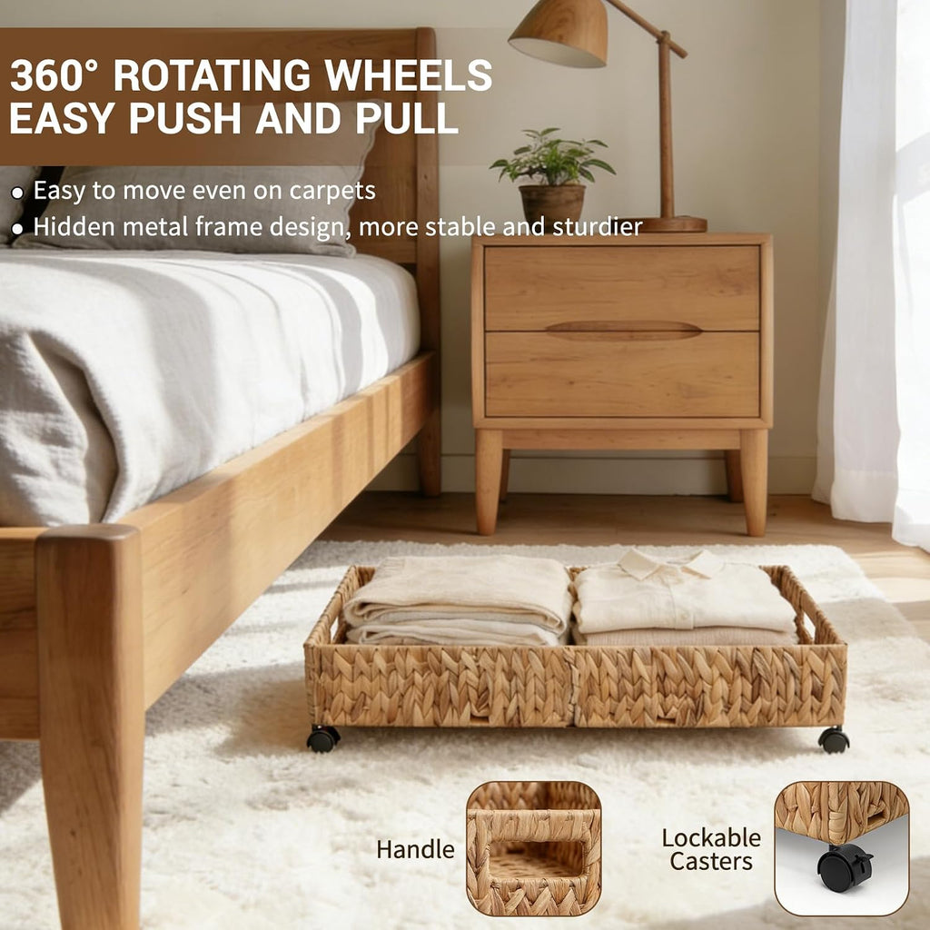 Under Bed Storage with Wheels, 31.5in / 37L Large Handwoven Water Hyacinth Under Bed Shoe Storage Organizer Drawer, Tool-free Assembly Rolling Storage Containers