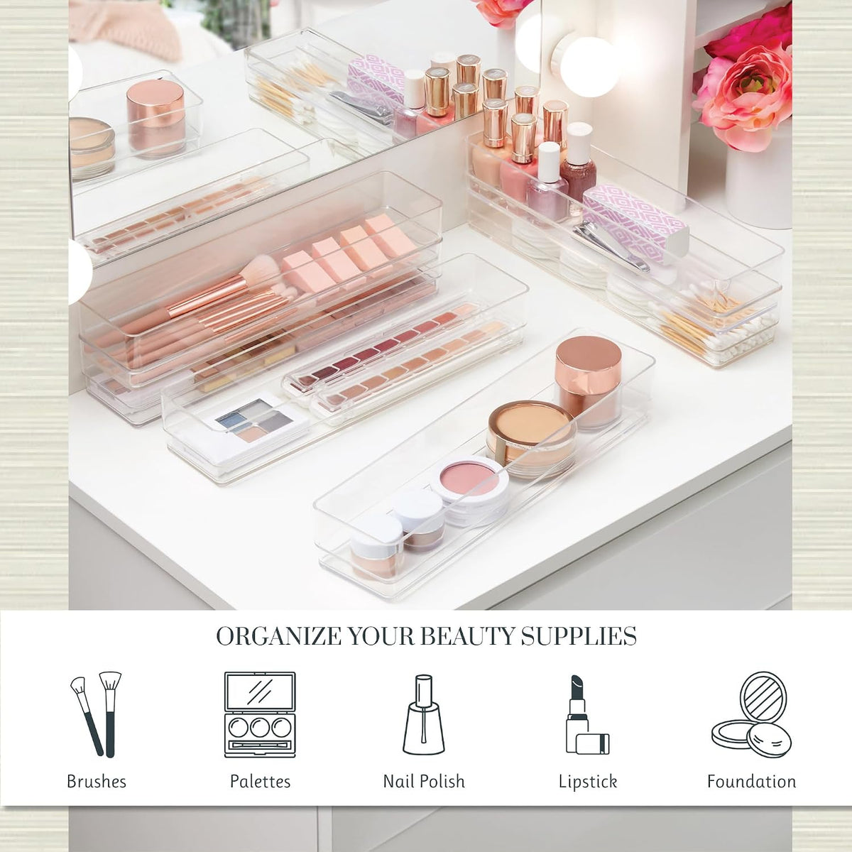 STORi SimpleSort 6-Piece Stackable Clear Drawer Organizer Set | 12" x 3" x 2" Rectangle Trays | Narrow Makeup Vanity Storage Bins and Office Desk Drawer Dividers | Made in USA