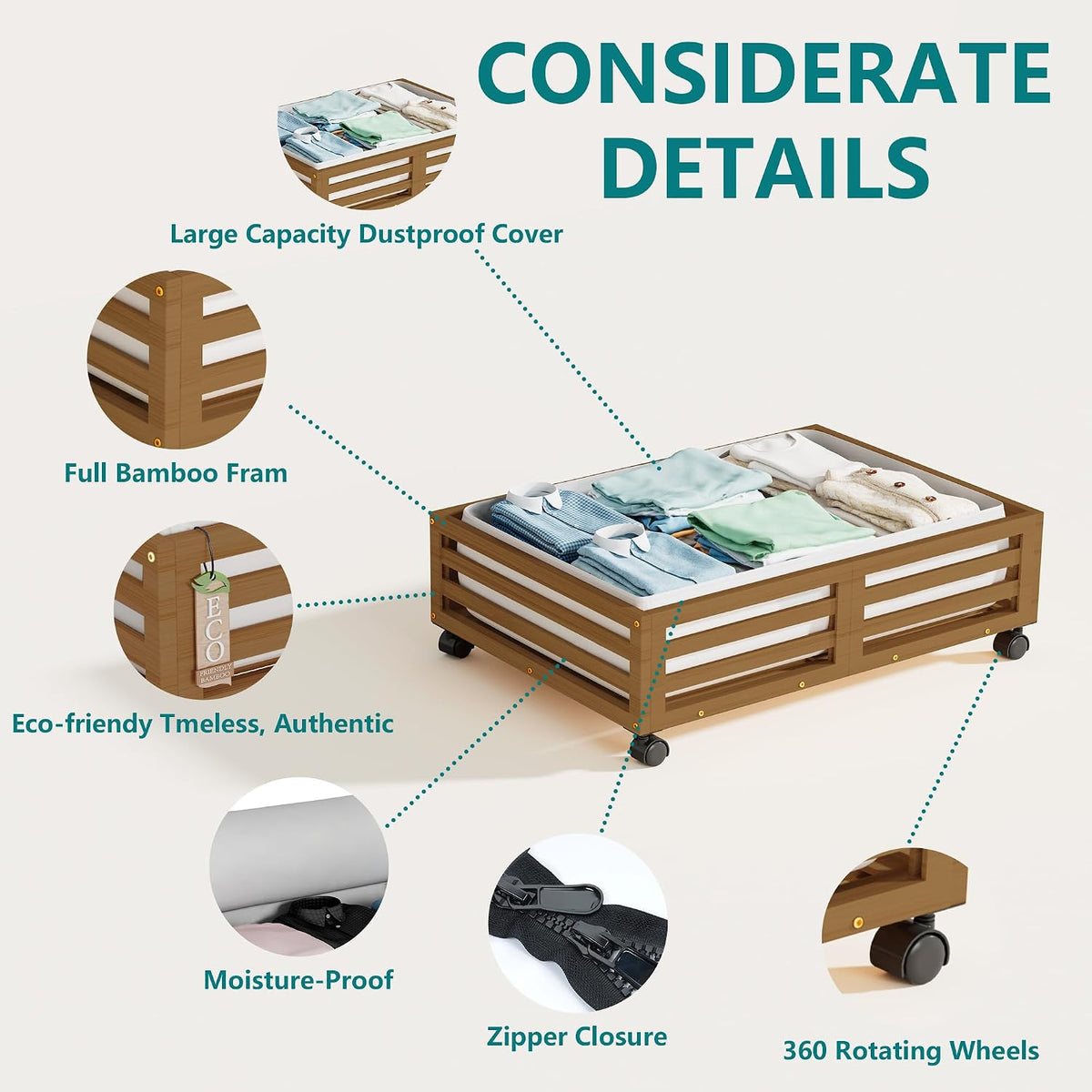 Bamboo Under Bed Storage with Wheels Rolling Underbed Drawer with Lids