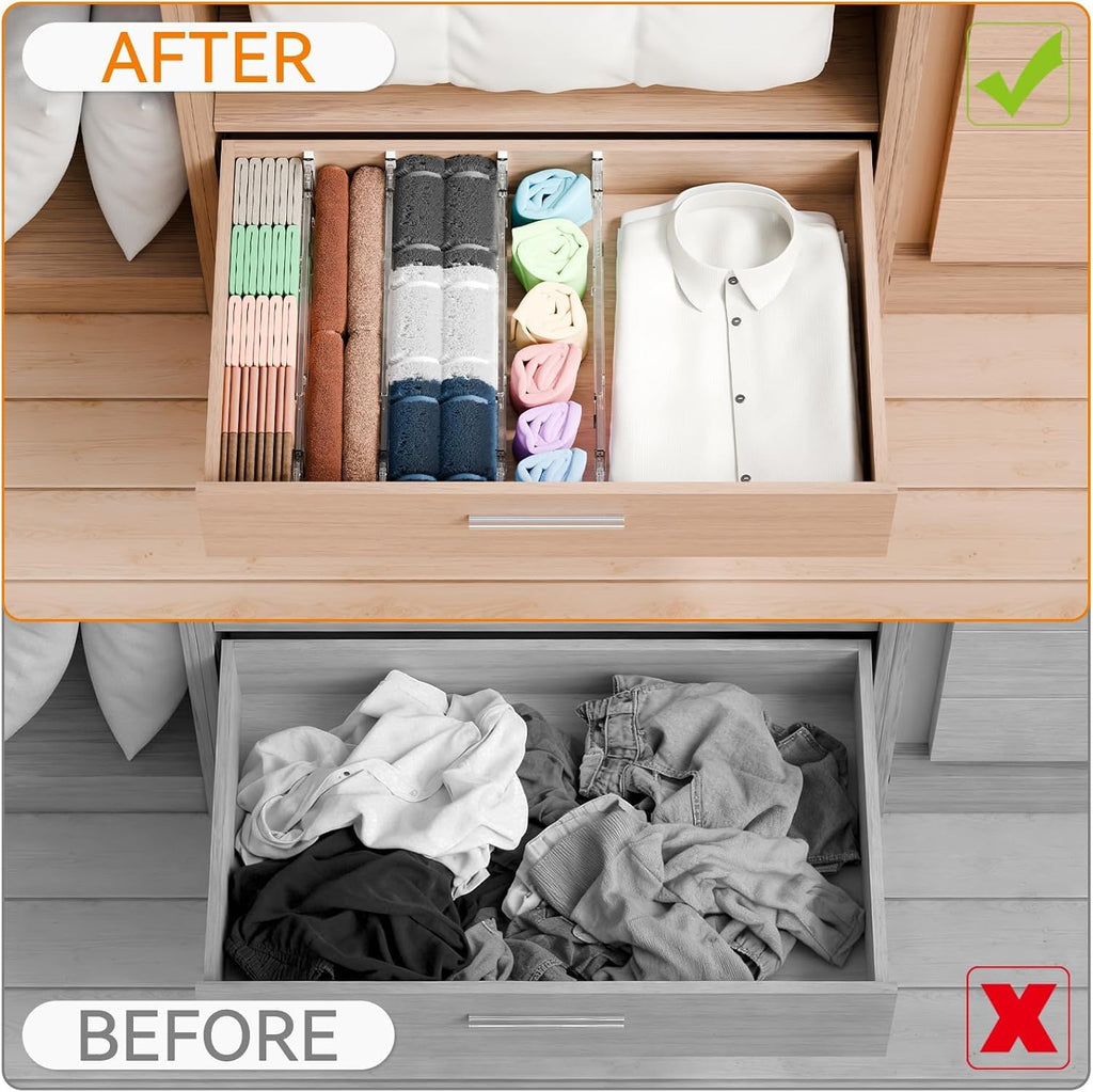 Yieach 4 Pack 3.2 Inch Shallow Acrylic Drawer Dividers for Clothes -Expandable from 15-21''- Adjustable Drawer Dividers for Baby Clothing,Sock,Underwear,Clear in Drawer Separators for Dresser,Kitchen
