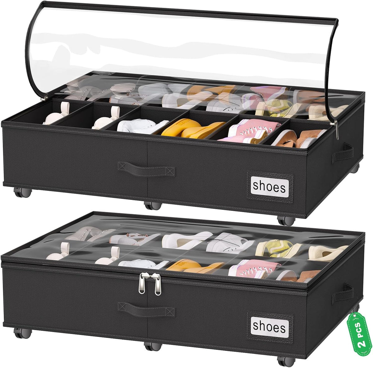 homyfort Under Bed Shoe Storage with Wheels, Fits 24 Pairs, Rolling Shoe Organizer with Bottom Support & Clear Lids, Sturdy Under Bed Storage Box for Shoes, Set of 2, Black