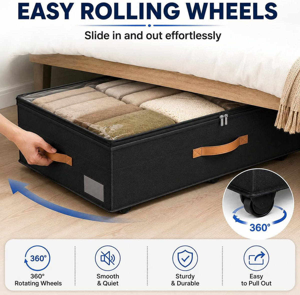 90L XXL Under Bed Storage Bins with Wheels, 1-Pack, Clear Lids, Black