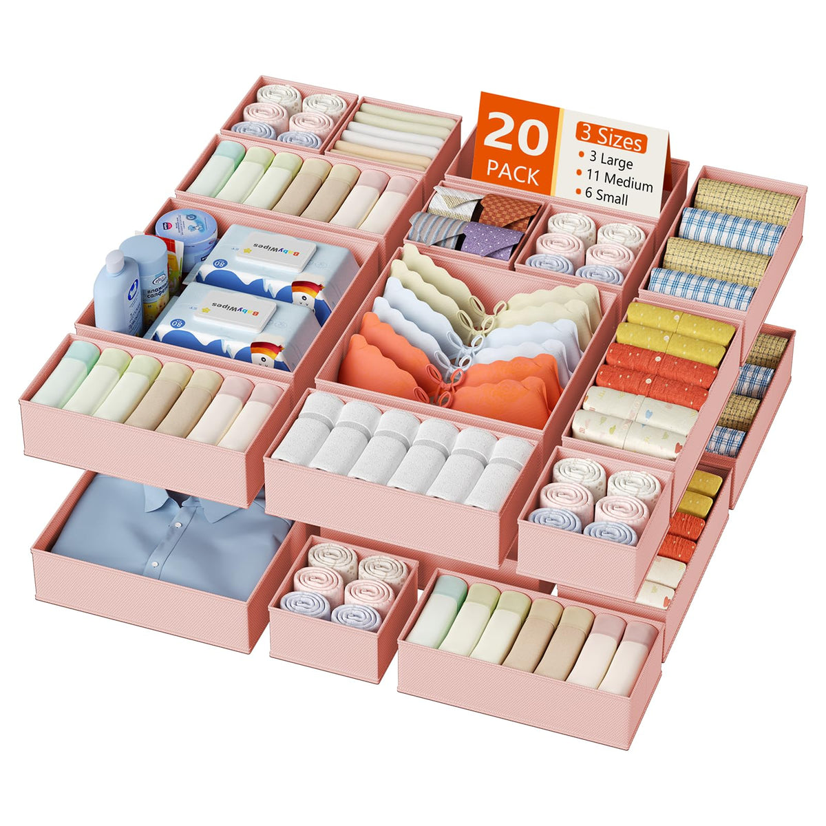 DIMJ Drawer Organizer Clothes, 12 Pack Dresser Organizer for Nursery, Baby Clothes, Underwears, Sock, Fabric Dresser Bins, Drawer Dividers, Foldable Closet Organizers and Storage(Beige)