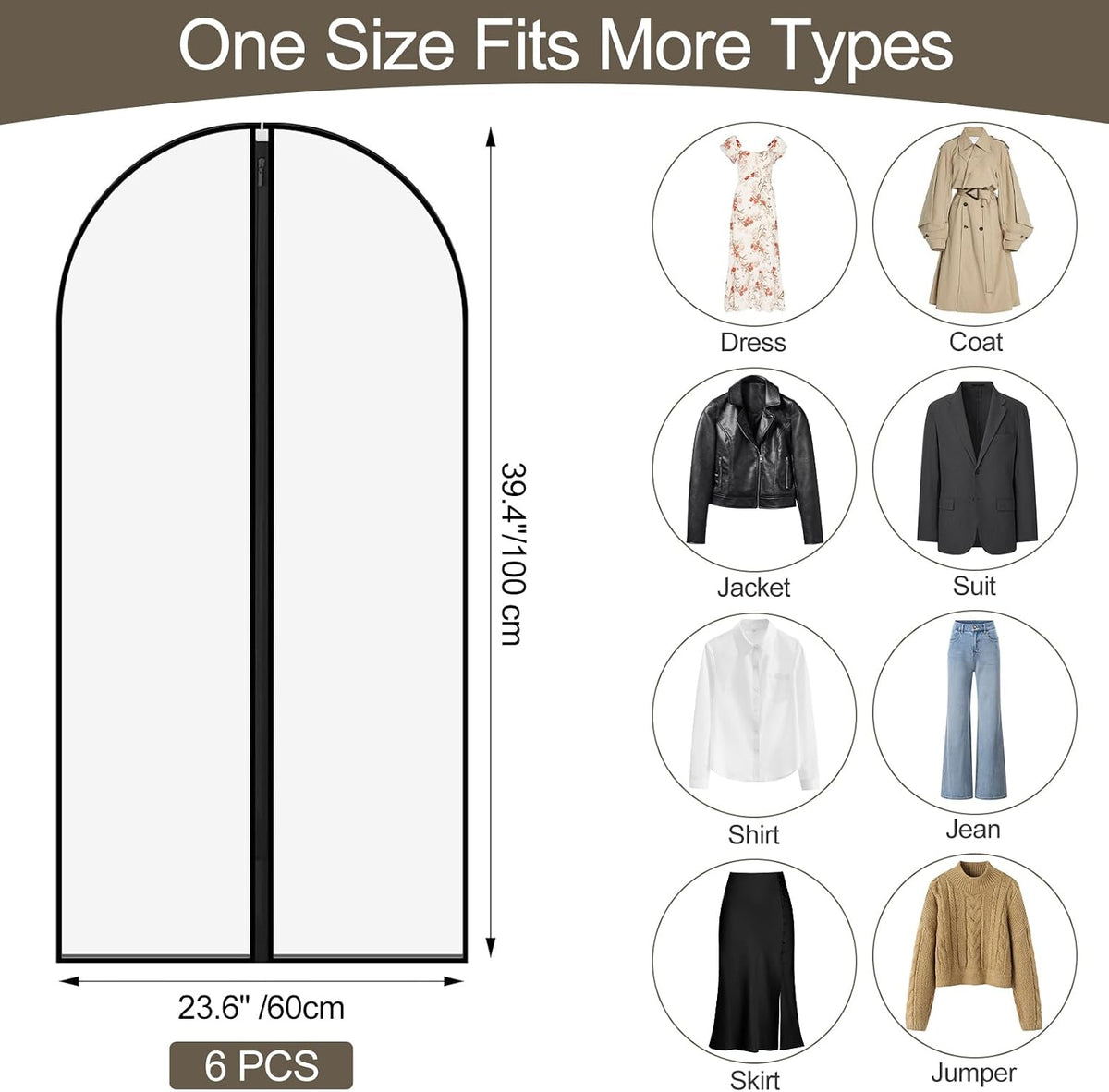 Pwsap 6Pcs Clear Garment Bags for Hanging Clothes, Breathable Clothes Covers with Zip, Moth Proof Hanging Garment Covers Bags for Travel & Wardrobe Storage for Dresses, Shirts, Coats (40 inch)
