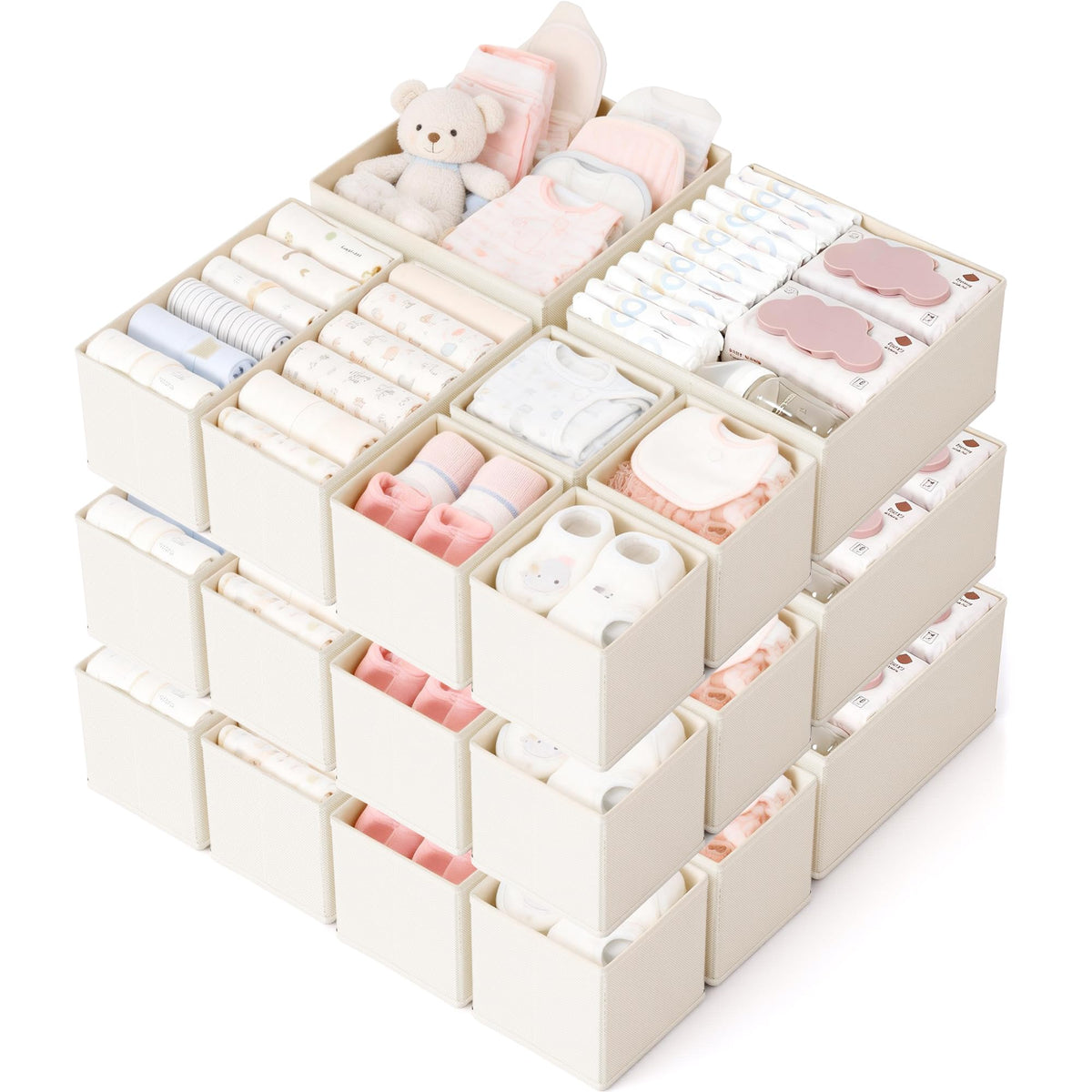 Drawer Organizer, 16 Pack Baby Dresser Organizer for Nursery, Foldable Closet Organizers and Storage Dresser Dividers for Clothes, Socks, Scarves, Ties (Beige)
