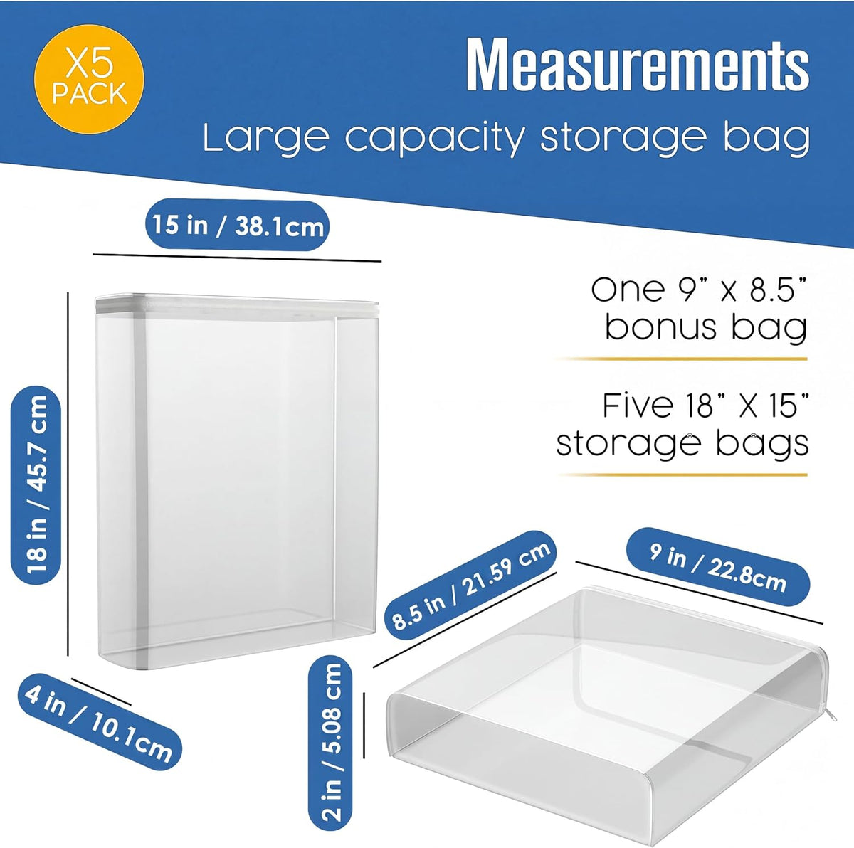 Sweater Storage Bags, Clear Zippered Vinyl Organizer, 18 x 15 x 4 IN, 5 PK