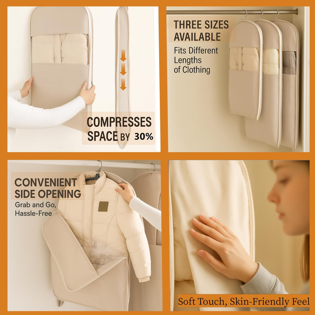 Space Saving Hanging Garment Bag with Self Compression Zipper, Suit Cover Bags, Heavy Duty Jackets & Parkas Storage, Dust Cover, Closet Organizer for Storage (Beige,L)