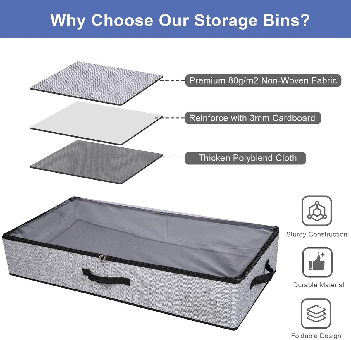 2 Pack Large Under Bed Storage Containers, Ultra-thick Fabric Underbed Bins