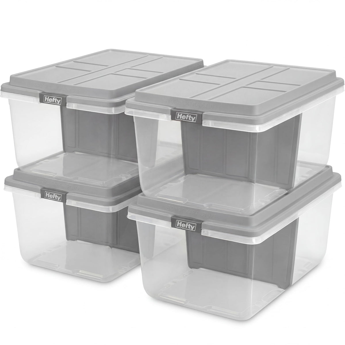 Hefty 63 Qt Hi-Rise Storage Bin with Lid, Stackable Plastic Storage Container, Organizer for Home, Garage & Closet, 4 Pack, Gray