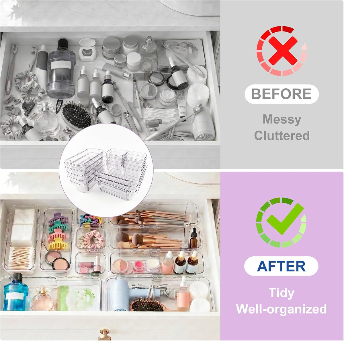 16 Pcs Drawer Organizer Set, Expandable Clear Plastic Drawer Storage Bins, Adjustable Drawer Divider Organizers, Durable Drawer Storage Extendable Trays for Gadgets, Makeup, Kitchen, Bathroom, Office