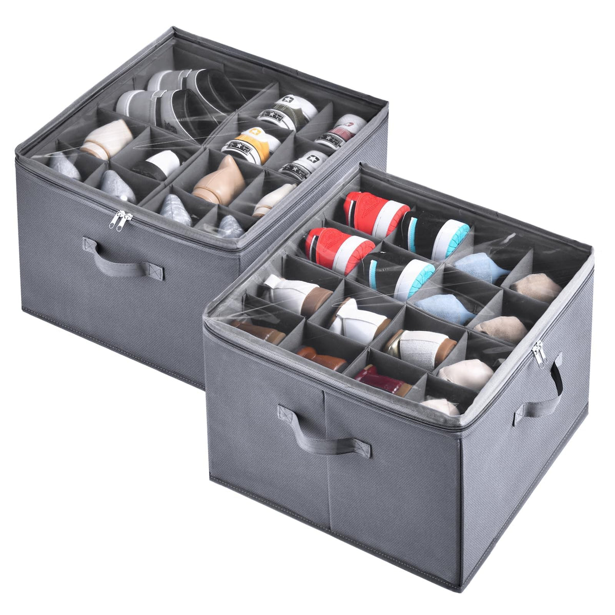 INSTY 2 Pack Shoe Organizer with Wheels for Closet, Fits up to 32 Pairs, Adjustable Dividers for Shoe Storage, Fabric Shoe Storage Bins with Clear Cover, Beige and Grey