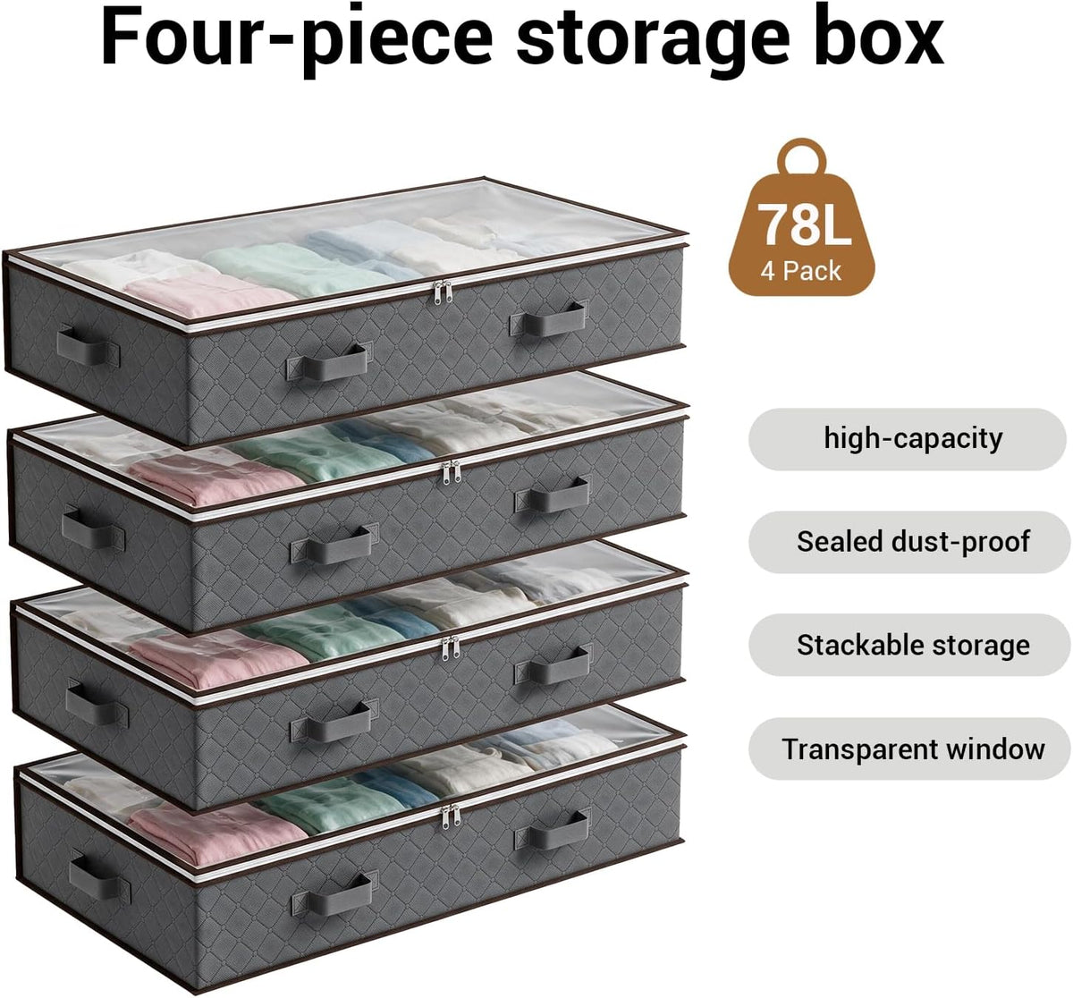 4 Pack Underbed Storage Boxes, Storage Bags with Zipper, Grey