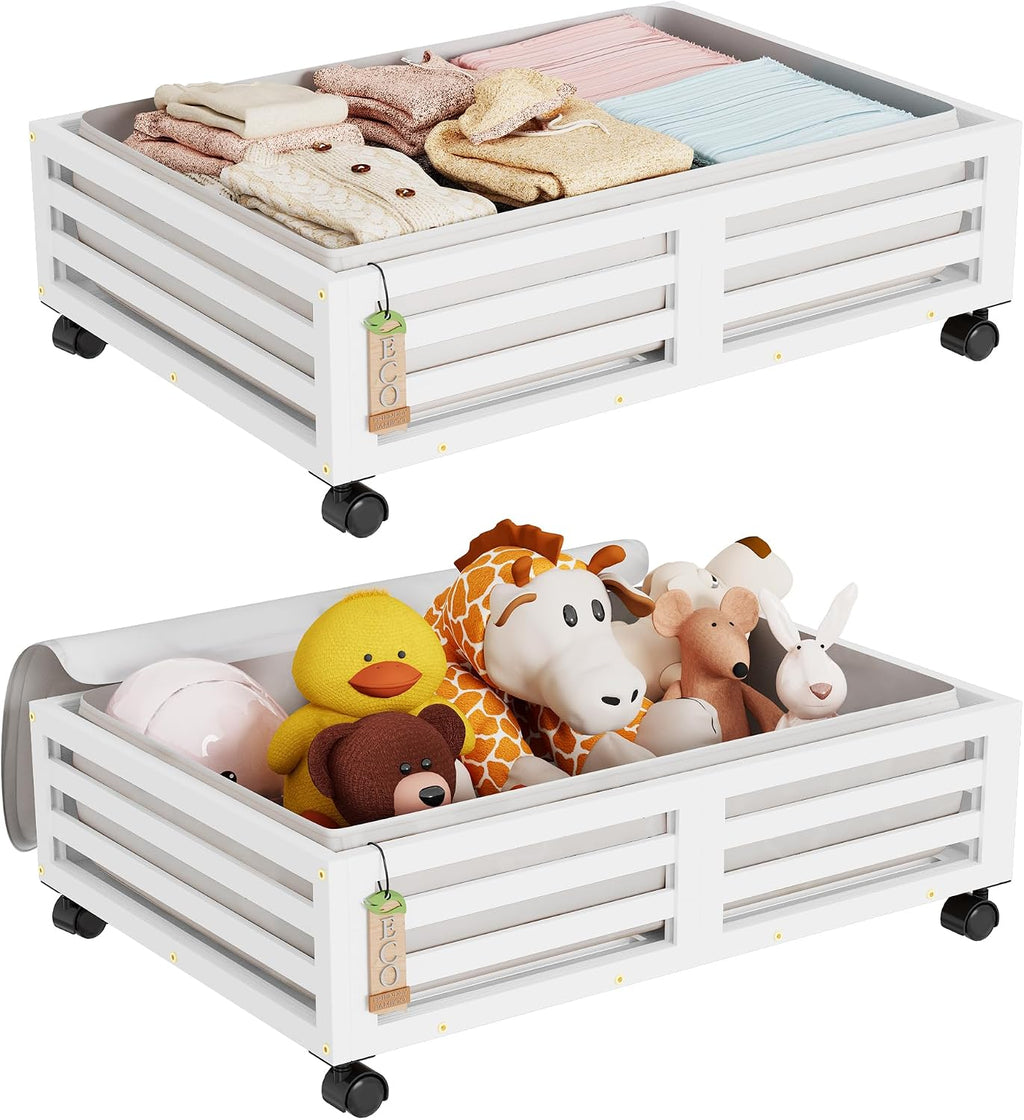 Wisuce 2 Packs Bamboo Under Bed Storage Organizer with Wheels White Small